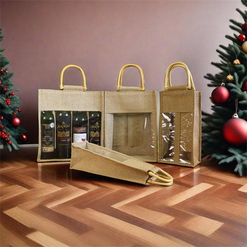 Custom printed wine tote bag beer jute bag with clear window