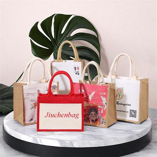Promotional colorful design burlap jute tote bags with pockets