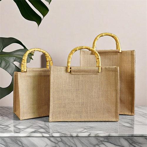 Custom personalized linen jute retro tote bag bamboo handles jute bag for ladies