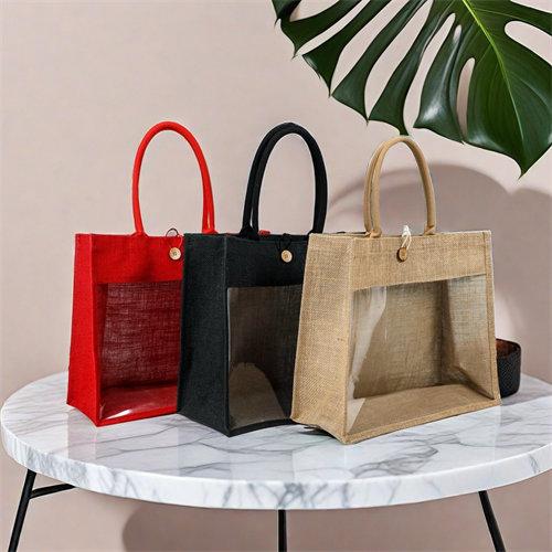 Accept print logo cotton handle tote bag gift jute bag with pvc transparence windows for wedding